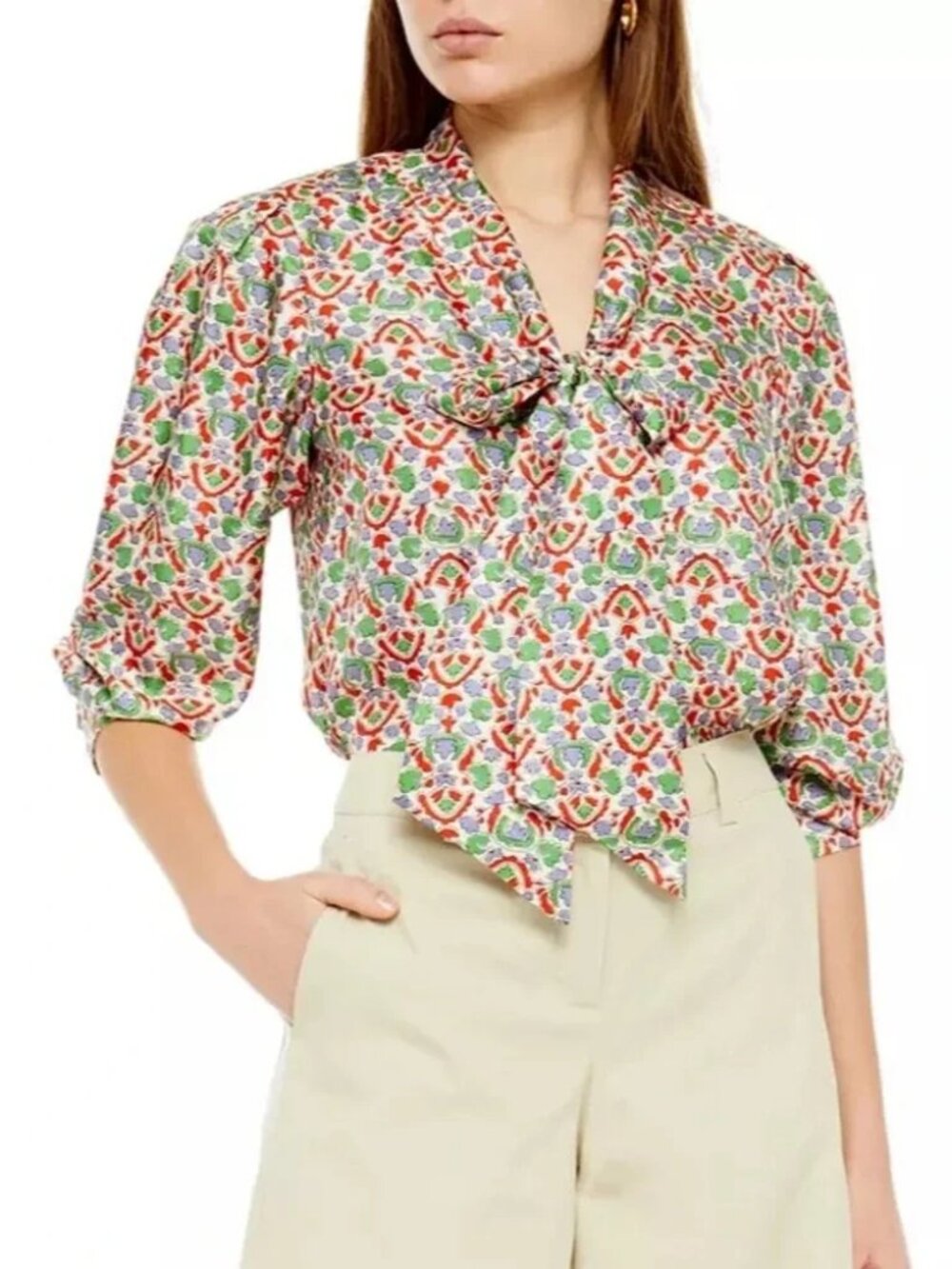 Tory Burch Floral Tie-Neck Blouse — White with Red, Green & Blue Print